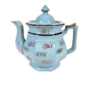 Antique Blue Redware Teapot Hand Painted Red White Floral Platinum Trim Lid 7"